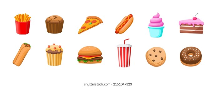 Fast food set in flat style. Pizza, burger, burrito, hot dog, soda, donut, cookie, french fries. Unhealthy food vector icons collection.