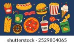 Fast food set. French fries, hamburger, hot dog, popcorn, shawarma, chips, pizza, coke, donut etc. Vector illustration of takeaway street food.