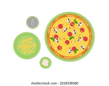 
Fast food set with French fries, pizza, can of soda. Street junk food. Flat image illustrations isolated on white background.