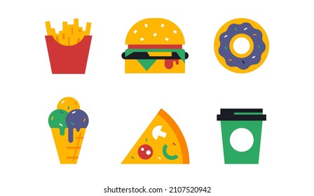 Fast food set. French fries, burger, donut, ice cream cone, slice of pizza, glass of coffee. Junk food, delicious eat. Vector illustration isolated on white background.
