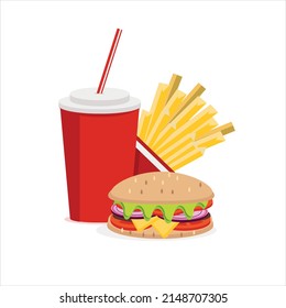 Fast food set French fries drink hamburger. Vector graphics