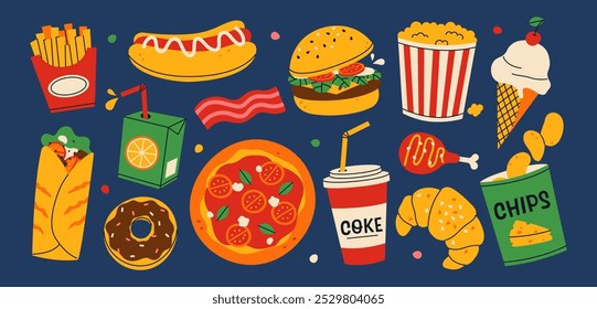 Fast food set. French fries, hamburger, hot dog, popcorn, shawarma, chips, pizza, coke, donut etc. Vector illustration of takeaway street food.