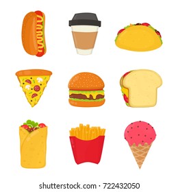 Fast food set. French fries, hot dog, ice cream, drink, sandwich, pizza, burger, burrito, coffee,taco, Vector flat cartoon illustration icon design. Isolated on white background