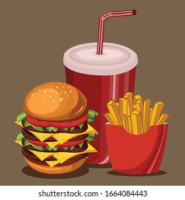 Fast Food Set of Hamburger with French Fries and Drink on a brown background.