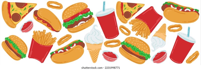 Fast food set. Hamburger, french fries, pizza, hot dog, ice cream and drink in a paper cup. American street food in flat style. Vector illustration of a fast food cafe.