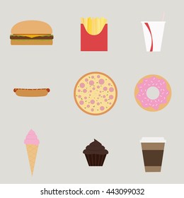 Fast Food set, hamburger, french fries, soda, hotdog, pizza, donut, ice cream, muffin, coffee cup.