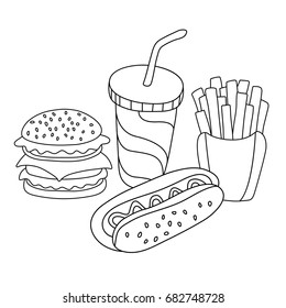 Fast food set. Hamburger, french fries, hot dog and soft drink in cup with straw. Vector illustration for your cute design.