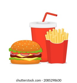 Fast food set. Hamburger, fries, soda. Vector composition on a white background.