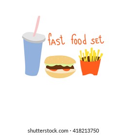 Fast food set with hamburger, fries and soda in flat style.Vector illustration
