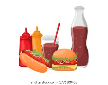 Fast food. Set of hamburger, hot dog, soda in a bottle and glass, ketchup and mustard. Vector illustration isolated on a white background.