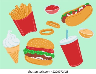 Fast food set. Hamburger, hot dog, french fries, ice cream, fried onion rings, sauce and drink in a paper cup. American street food in flat style. Vector illustration of a fast food cafe.