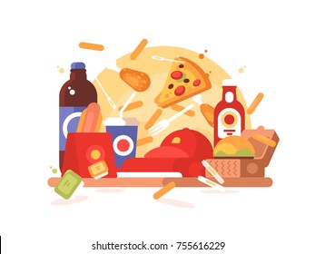 Fast food set. Hamburger and hot dog, soda and french fries. Vector illustration