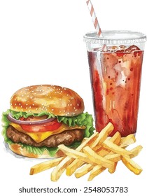 Conjunto de Fast food: Hambúrguer, refrigerante e batatas fritas desenhadas à mão Realistic Watercolor Illustration