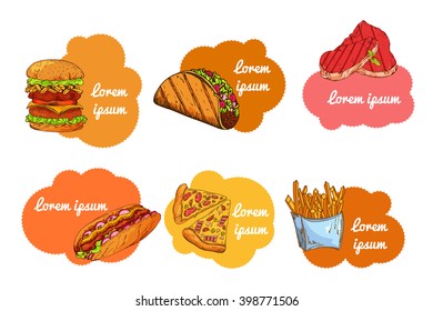 Fast food set. Hand draw illustration. Vintage burger design. Colorful american food elements