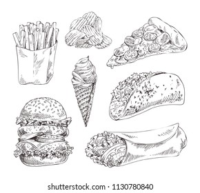 Fast food set hand drawn vector monochrome illustration. Ice-cream and chips, pizza and french fries, double burger, tacos and doner kebab sketches