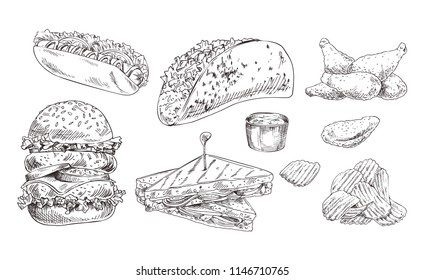 Fast food set hand drawn vector monochrome illustration. Hot dog and tacos, chips and chicken wings, double burger and sandwich sketch style template