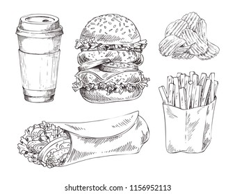 Fast food set hand drawn vector monochrome illustration. Double burger and chips, french fries and doner kebab, coffee paper cup sketch icons for menu