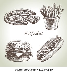 Fast food set. Hand drawn illustrations