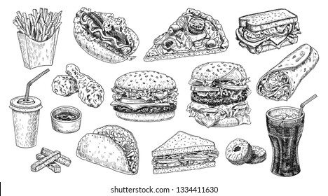 Fast food set hand drawn vector illustration. Hamburger, cheeseburger, sandwich, pizza, chicken, taco, french fries, hot dog, doughnuts, burrito and cola engraved style, sketch isolated on white.