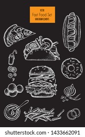 Fast food set. Hand drawn elements . Linear graphic. Snack collection. Junk food. Engraved top view illustration. Vector illustration. Background template for design. Can be use for menu, packaging.
