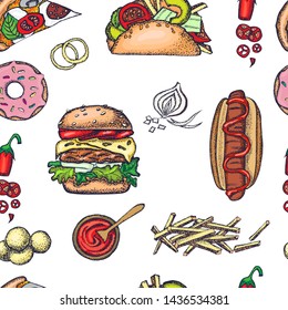 Fast food set. Hand drawn colorful elements . Snack collection. Junk food. Engraved top view illustration. Vector illustration. Background template for design. Can be use for menu, packaging.
