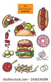 Fast food set. Hand drawn colorful elements . Snack collection. Junk food. Engraved top view illustration. Vector illustration. Background template for design. Can be use for menu, packaging.

