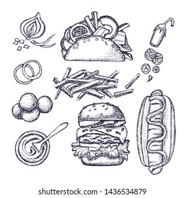 Fast food set. Hand drawn elements . Linear graphic. Snack collection. Junk food. Engraved top view illustration. Vector illustration. Background template for design. Can be use for menu, packaging.
