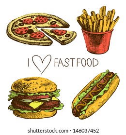 Fast food set. Hand drawn illustrations 