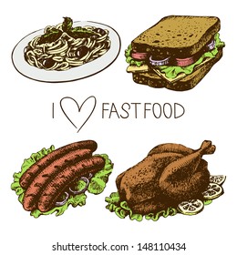 Fast food set. Hand drawn illustrations 