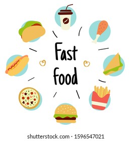 Fast food. Set of hand drawn food icons with sample text. Vector