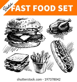 Fast Food Set. Hand Drawn Sketch Illustrations 