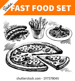 Fast food set. Hand drawn sketch illustrations 