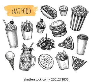 Fast food set. Hand drawn sketches.