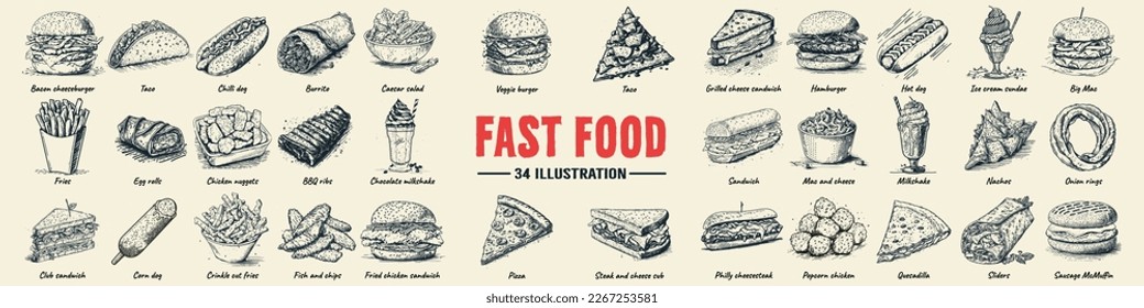 Fast food set hand drawn vector illustration. Hamburger, cheeseburger, sandwich, pizza, chicken, taco, french fries, hot dog, doughnuts, burrito and cola engraved style, sketch isolated on white. svg