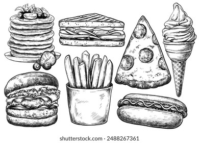 Fast food set hand drawn vintage vector sketch drawing