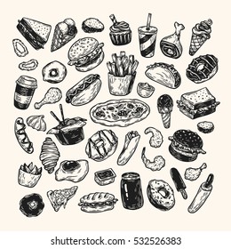 Fast food set. Hand drawn vector collection. Junk, unhealthy food. Burger, dessert, pizza, hot dog, soda, french fries, sauce.