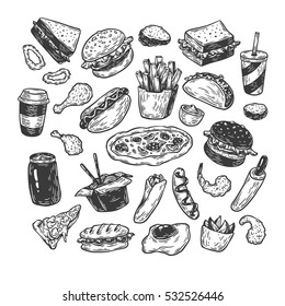 Fast food set. Hand drawn vector collection. Junk, unhealthy food. Burger, dessert, pizza, hot dog, soda, french fries, sauce.