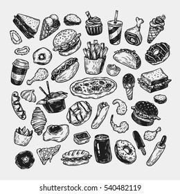 Fast food set. Hand drawn vector collection. Junk, unhealthy food. Burger, dessert, pizza, hot dog, french fries, sauce.