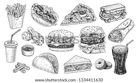 Fast food set hand drawn vector illustration. Hamburger, cheeseburger, sandwich, pizza, chicken, taco, french fries, hot dog, doughnuts, burrito and cola engraved style, sketch isolated on white.