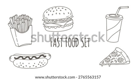 Fast food set of hand drawn line art icons including hamburger, french fries, soda, hot dog and pizza slice isolated on a white background.