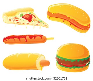 Fast food set. Hot dog, curry wurst, hamburger and pizza slice.