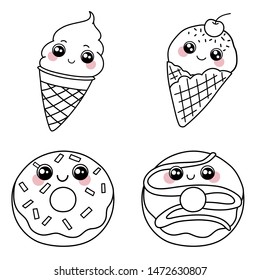 Fast food set: ice cream and donuts. Cute kawaii cartoon desserts. Doodle character on white background. Vector line illustration for kids design, colorings
