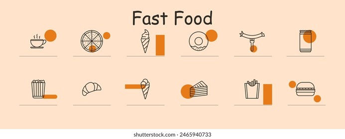 Fast food set icon. Coffee, pizza, ice cream, donut, hot dog, soda can, popcorn, croissant, sandwich, fries, burger. Snack, quick meal, restaurant, takeaway.