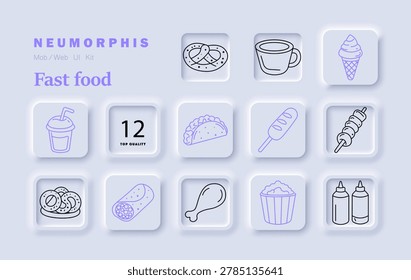 Fast food set icon. Drink, taco, corn dog, skewer, pretzel, wrap, chicken, popcorn, sauce, snack, takeaway, street, meal, cuisine, lunch, dinner.