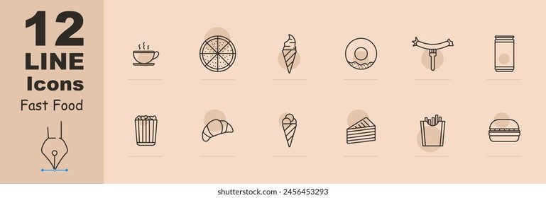 Fast food set icon. Fats, carbohydrates, cup of coffee, pizza, ice cream cone and scooped ice cream, donut, sausage, croissant, cake, fries, burger, unhealthy diet. Junk food concept.