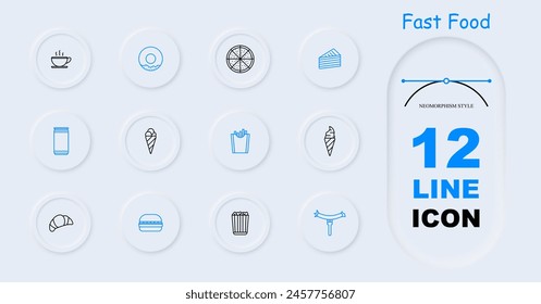 Fast food set icon. Fats, carbohydrates, cup of coffee, pizza, ice cream cone and scooped ice cream, donut, sausage, croissant, cake, fries, burger, unhealthy diet, neomorphism. Junk food concept.