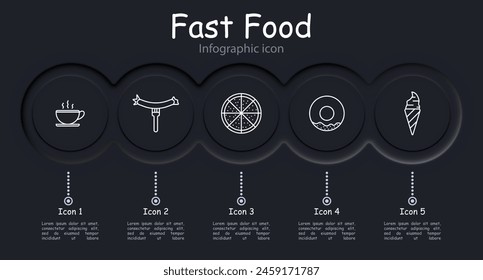 Fast food set icon. Fats, carbohydrates, cup of coffee, pizza, ice cream cone, infographic, donut, sausage, croissant, neomorphism, white text on black background, unhealthy diet. Junk food concept.