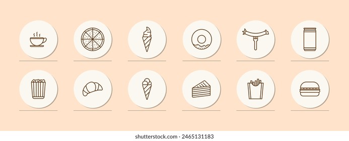 Fast food set icon. Fats, carbohydrates, cup of coffee, pizza, ice cream cone and scooped ice cream, donut, sausage, croissant, cake, fries, burger, unhealthy diet. Junk food concept.