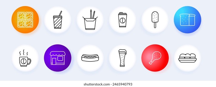 Fast food set icon. Waffle, drink, noodles, coffee, popsicle, bread, sandwich, hotdog, beer, chicken, cafe. Fast food and snack concept.