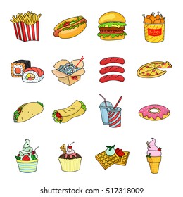Fast food set icons in cartoon style. Big collection of fast food vector symbol stock illustration